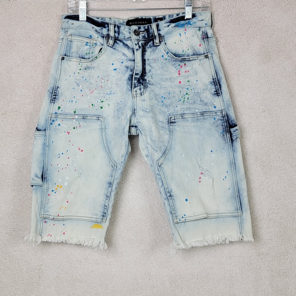 Decibel Mens 30 Light Blue Paint Splatter Acid Wash Carpenter Edgy Jorts Shorts